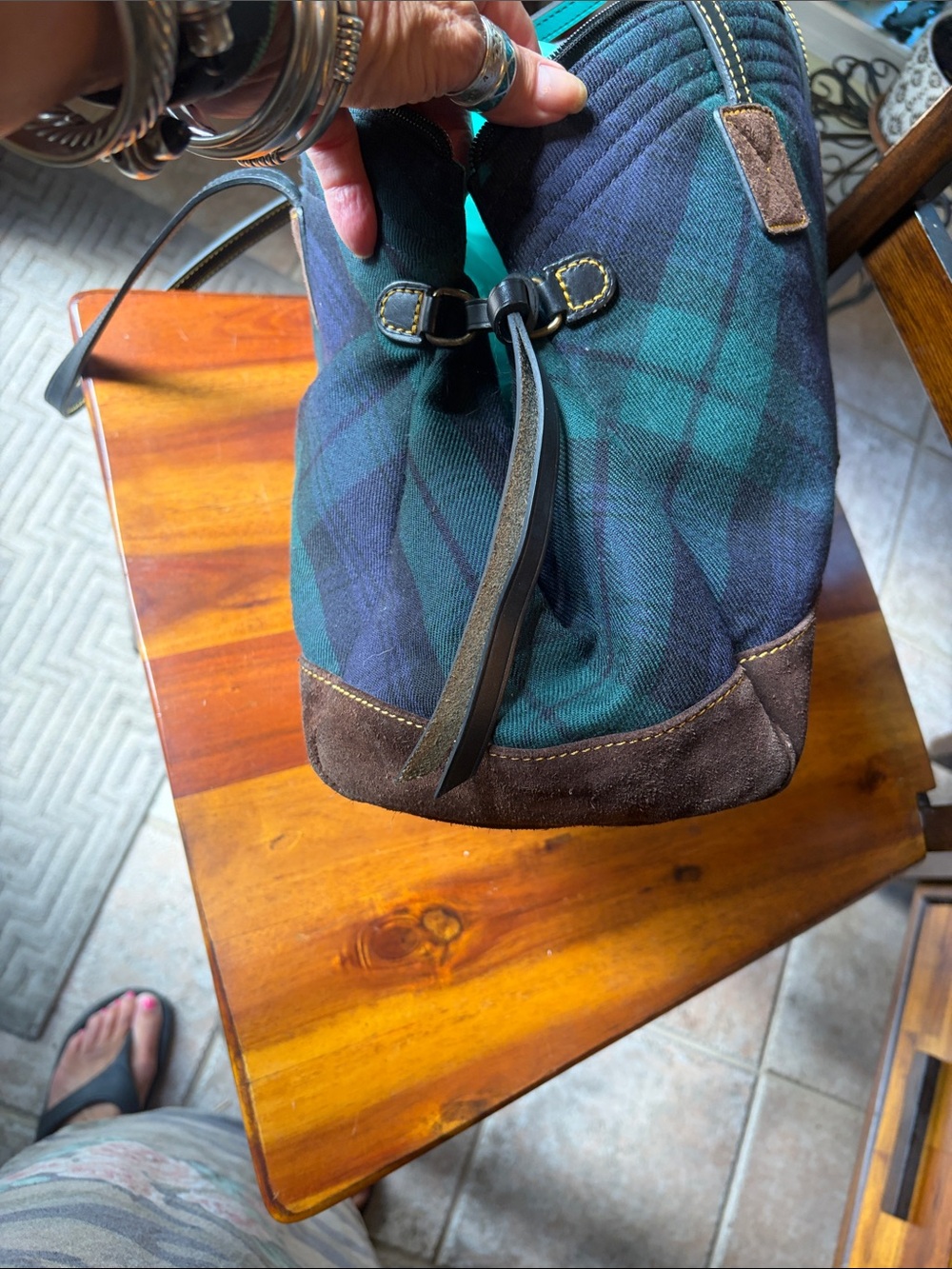 Dooney & Bourke Navy and Green Plaid Satchel - Picture 3 of 13